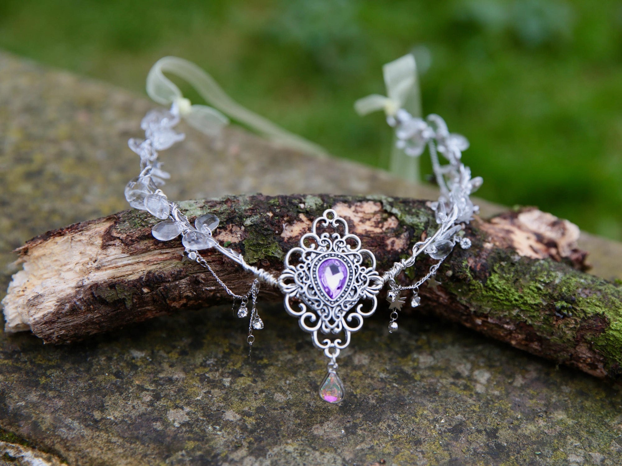 Silver Fairy Crown with Purple crystal centre, hanging stars and moons. Imaginative Play, Woodland Gatherings,  Cosplay Headband
