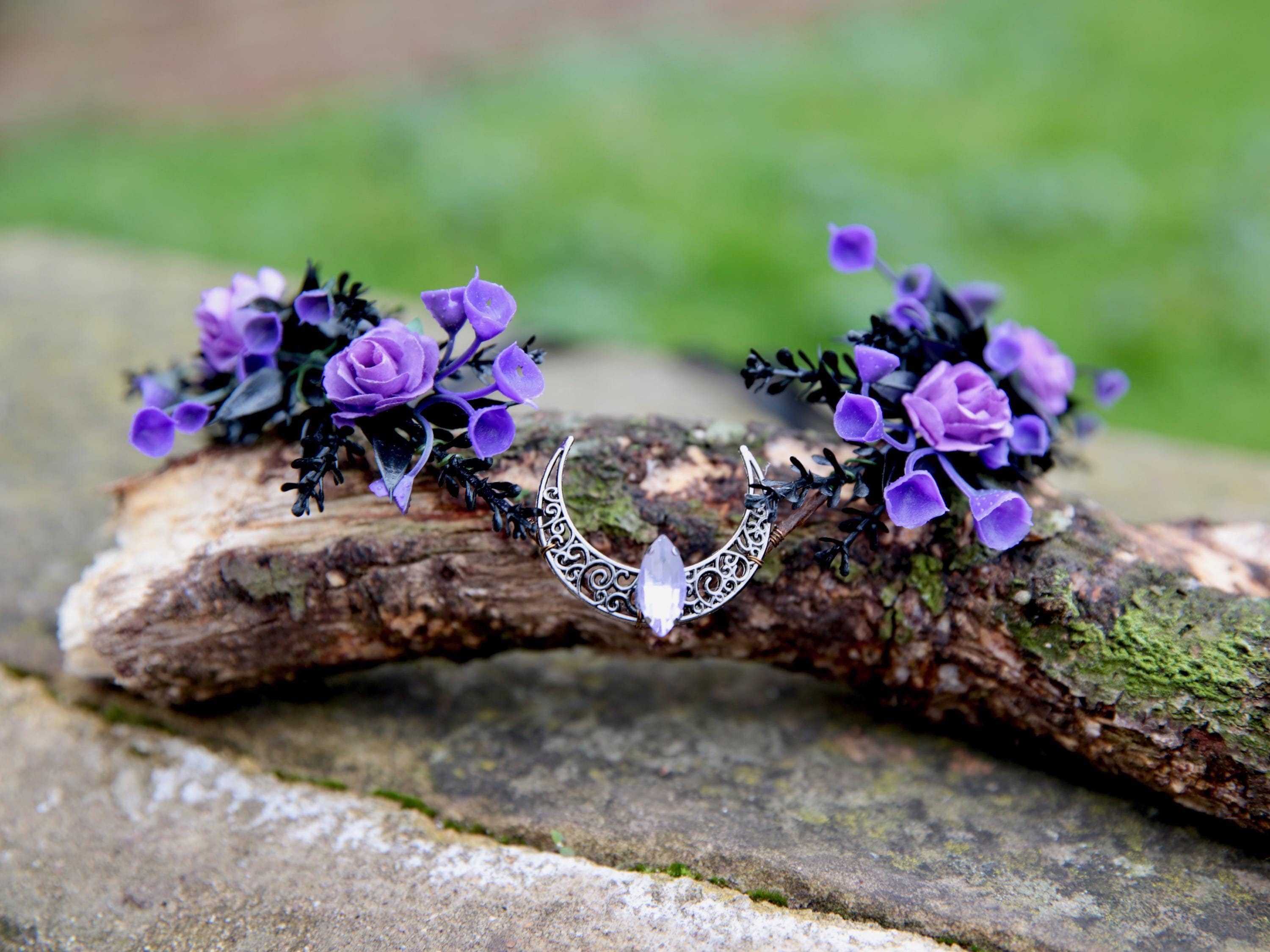 Fairy Crown, Beautiful Elven Tiara with Purple Flowers, Flower Crown, Silver Crescent Moon. Fairy cosplay, Romantic Wedding, Fairy Core