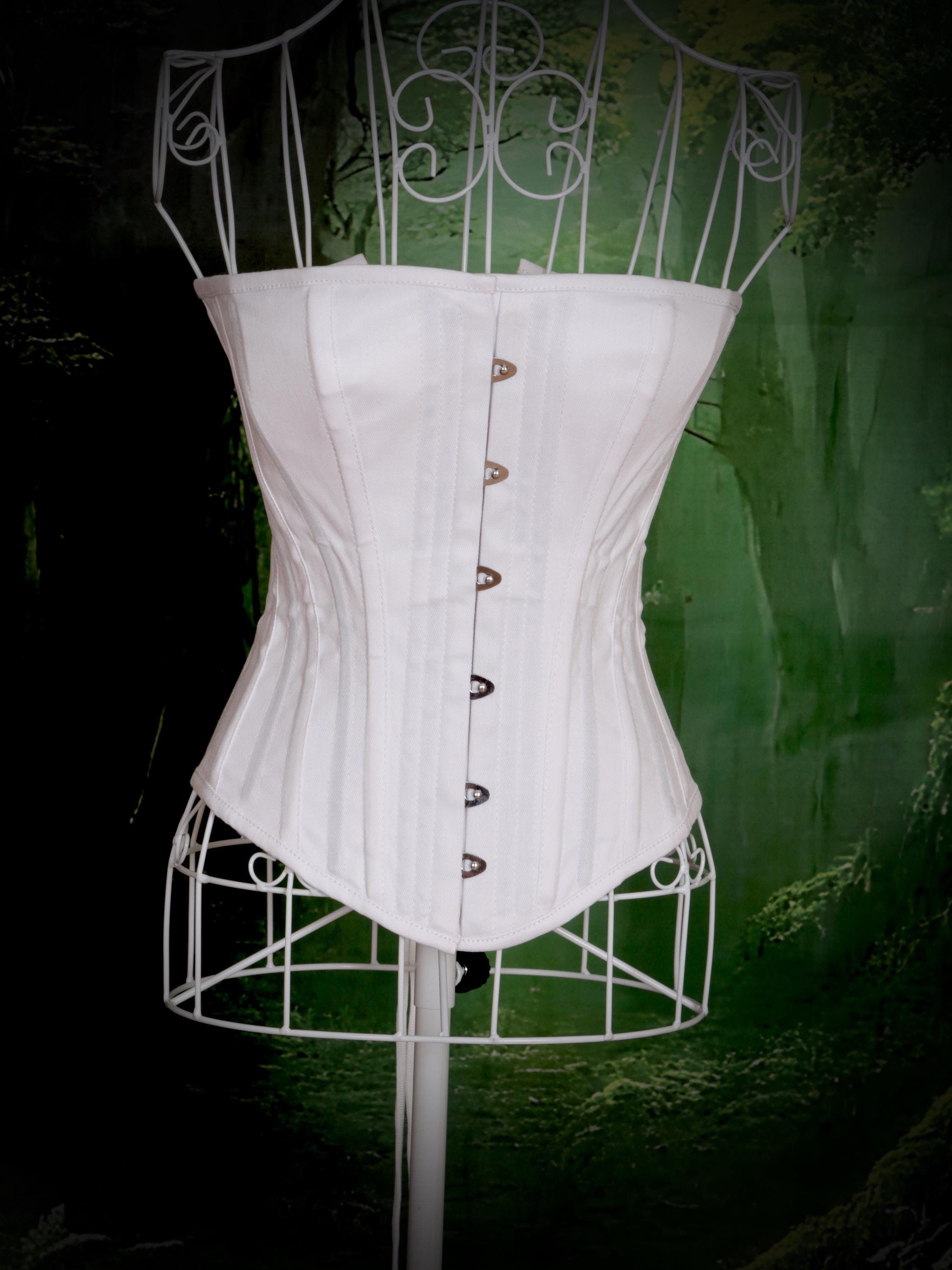 Women's white heavy duty over bust corset. Wasp waist trainer, 2 inches less. Double steel boned twill cotton heavy duty corset.