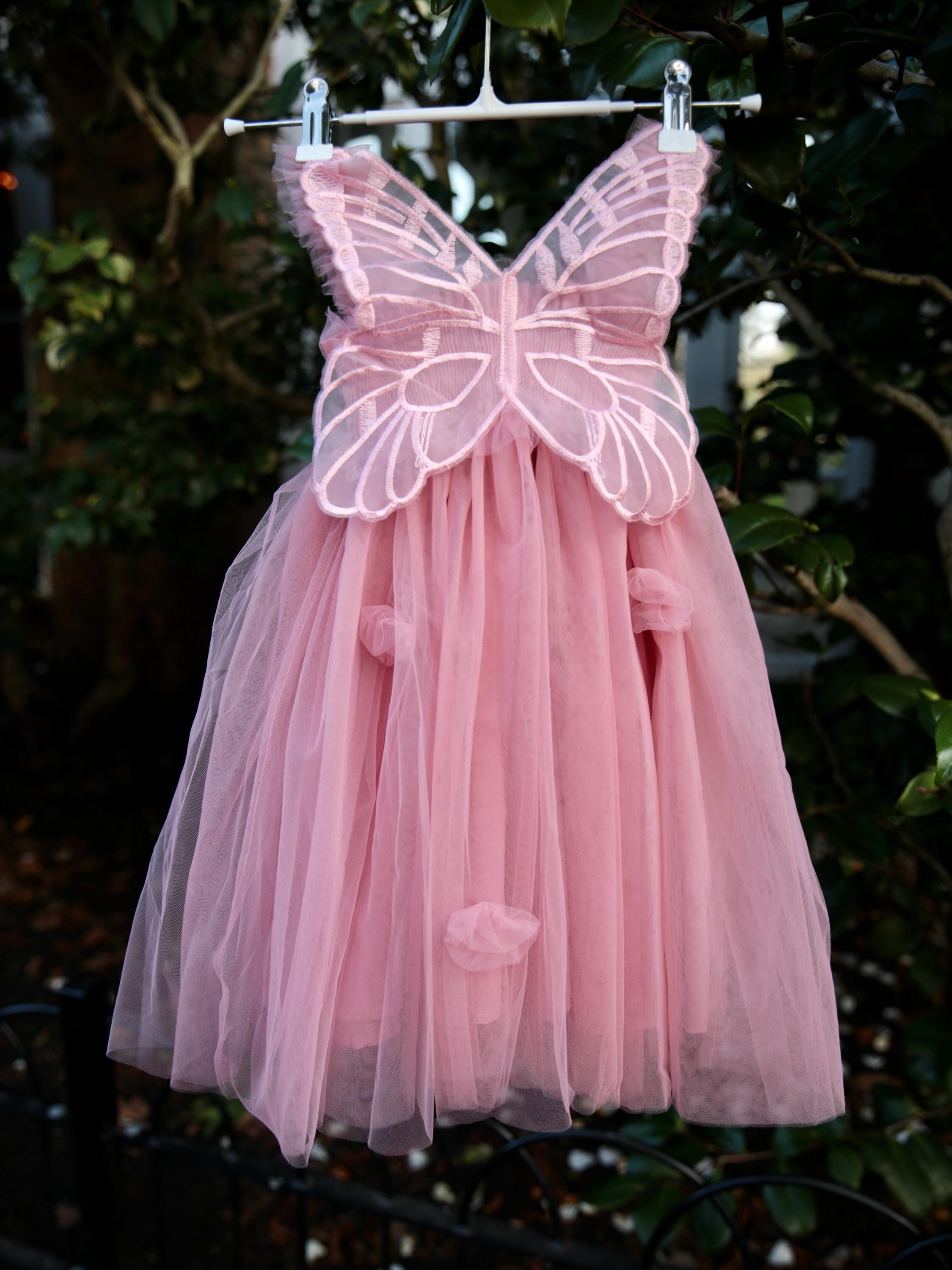 Fairy wing dusky pink dress. Dusky Pink Tulle Dress with Butterfly wings on the back, party dress, bridesmaid dress, flower girl, cake smash dress