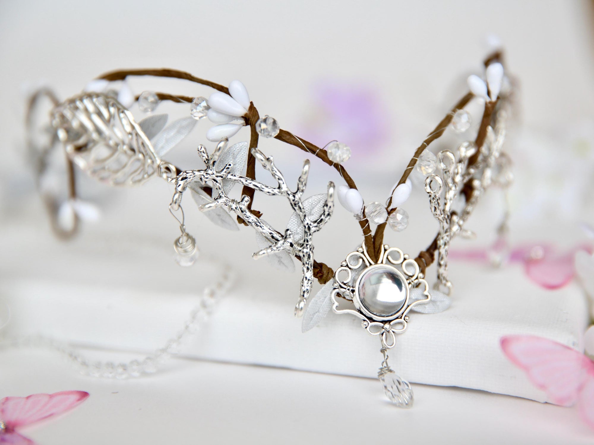 Fairy Crown, Beautiful  Silver Elven Tiara white buds  and silver foliage decorated with a crescent moon with a  crystal centre piece.