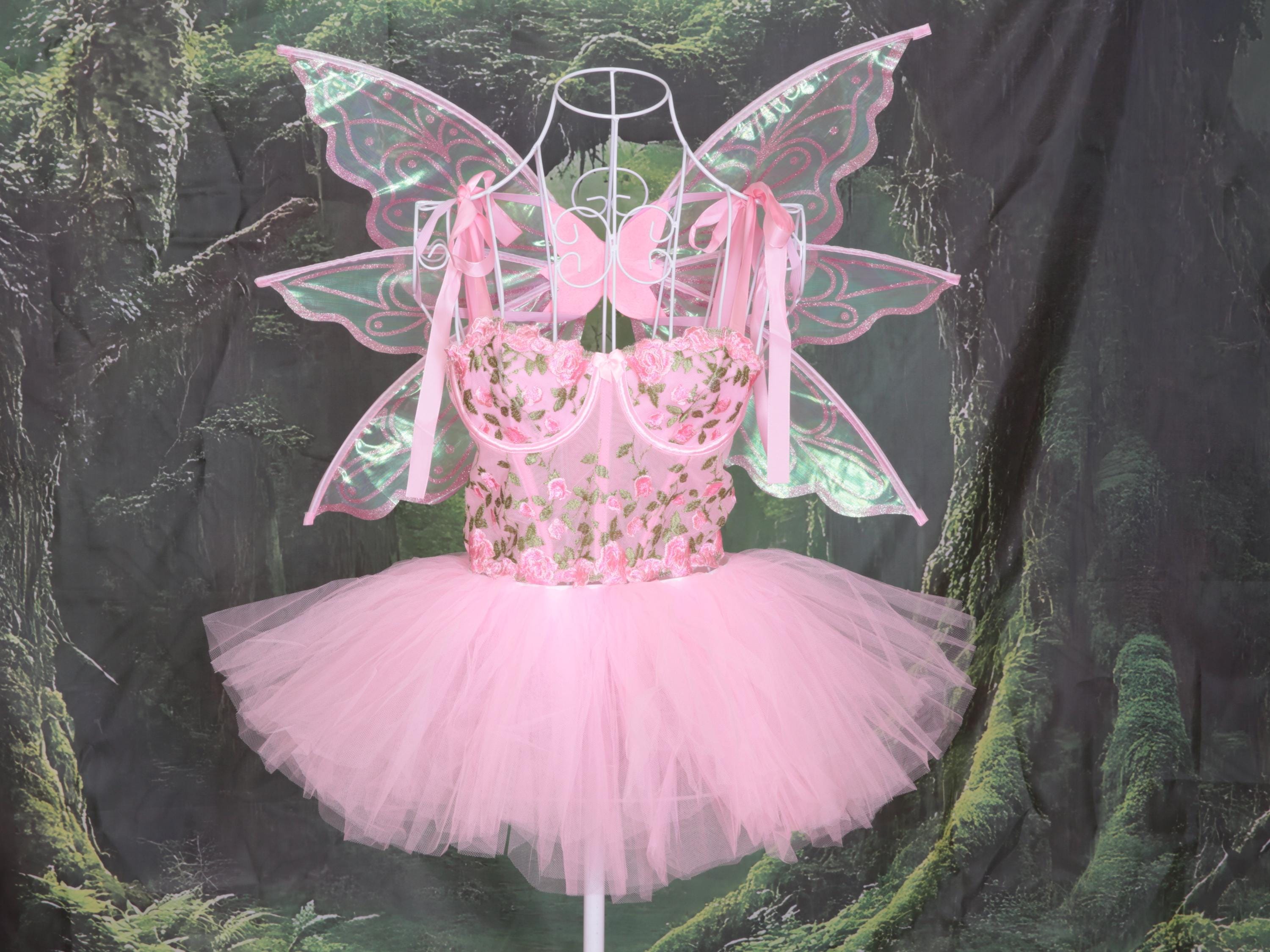 Floral Pink Corset, fairy wings  and tutu. Hen party, fairy cosplay, fairy core, woodland party, fairy dress up