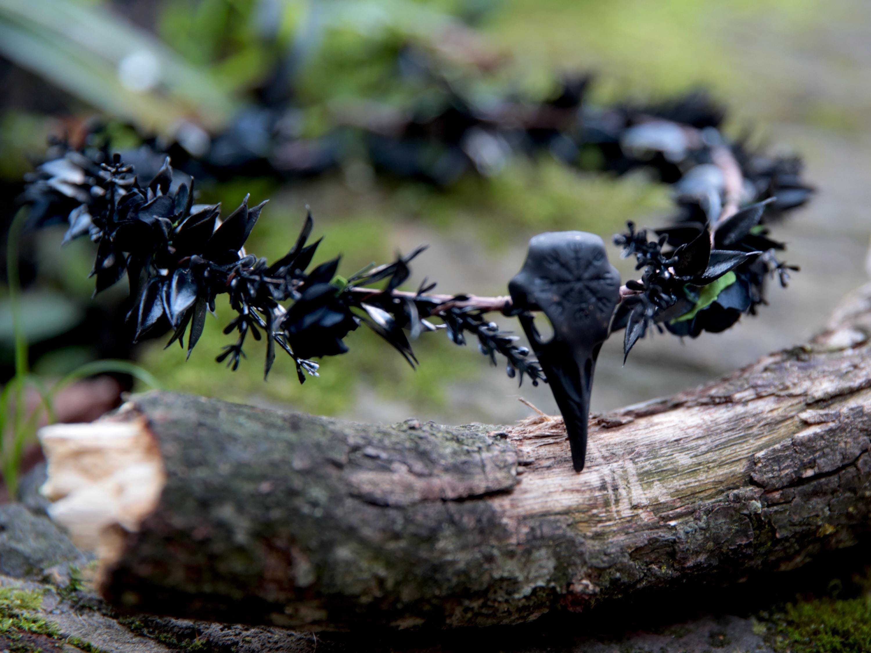 Black Raven Skull Elven Crown, elven tiara, black fairy crown, raven skull tiara, elven circlet, Viking skull, Beltane Fire Festival