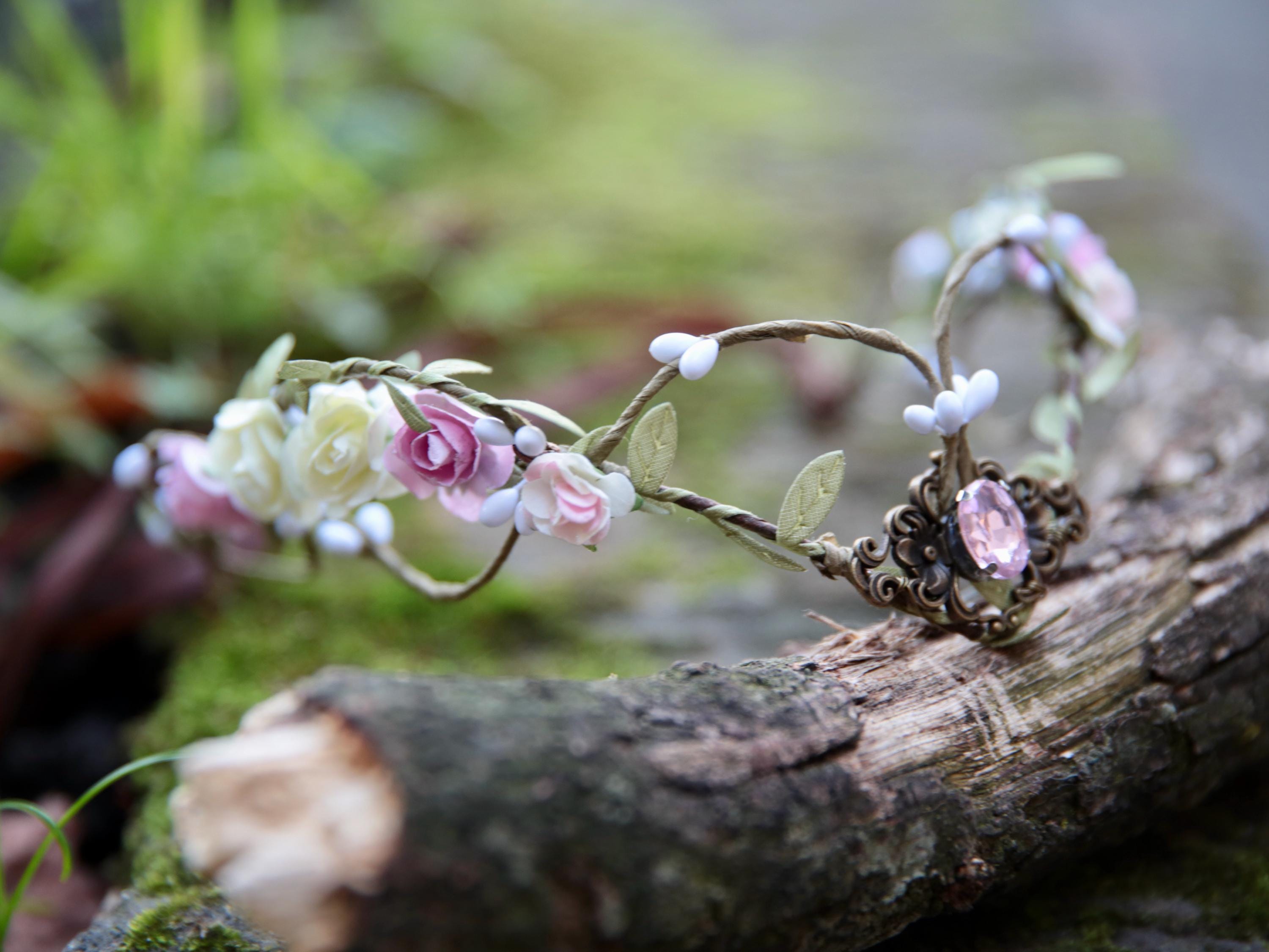 Fairy Crown, Beautiful  Elven Tiara Pink and Cream Flowers and Pink crystal that rests on the forehead.  Woodland theme, fairy wedding.