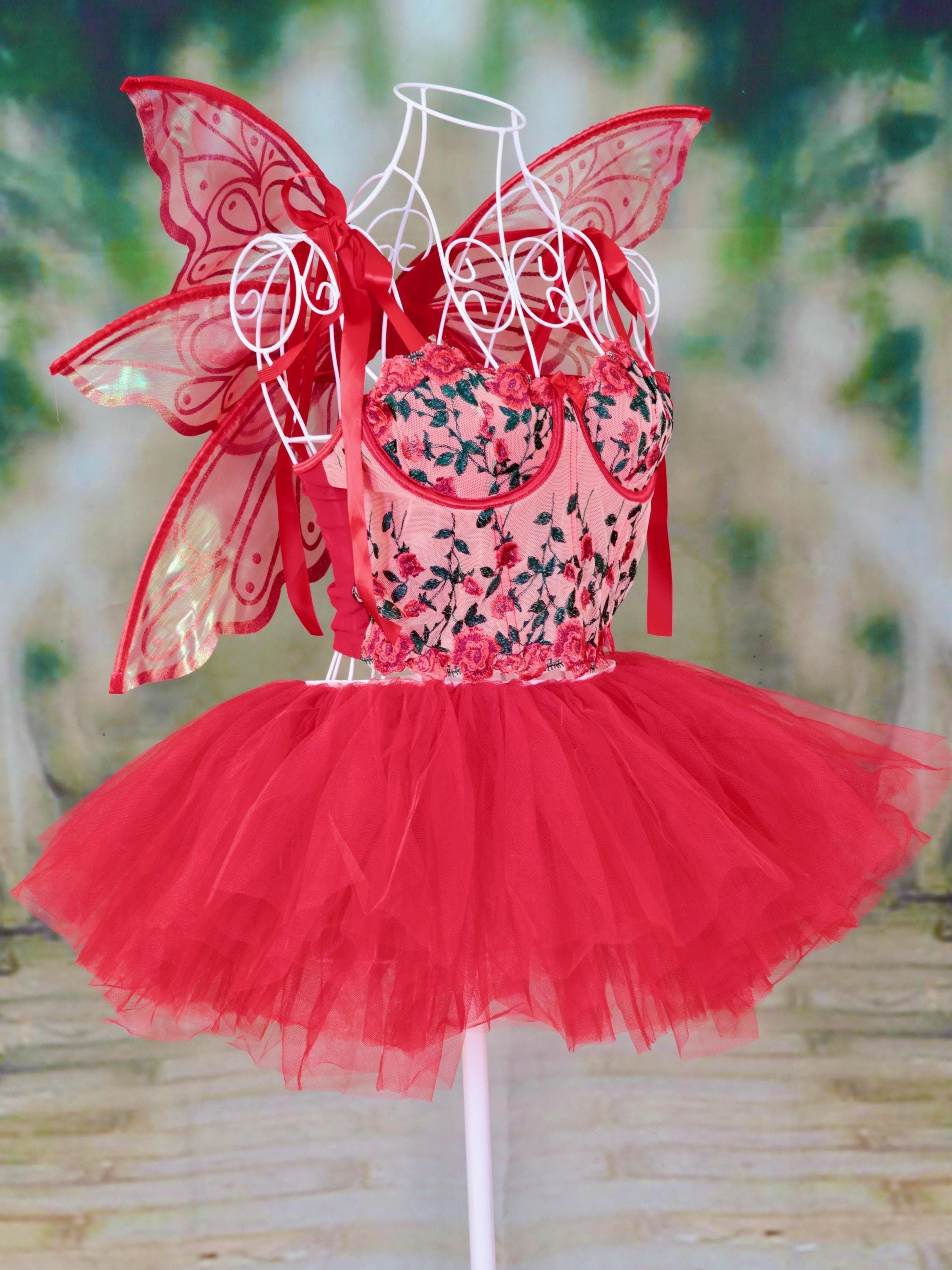 Floral Red Corset, red fairy wings  and red tutu skirt. Hen party, fairy cosplay, fairy core, woodland party, valentines costume.