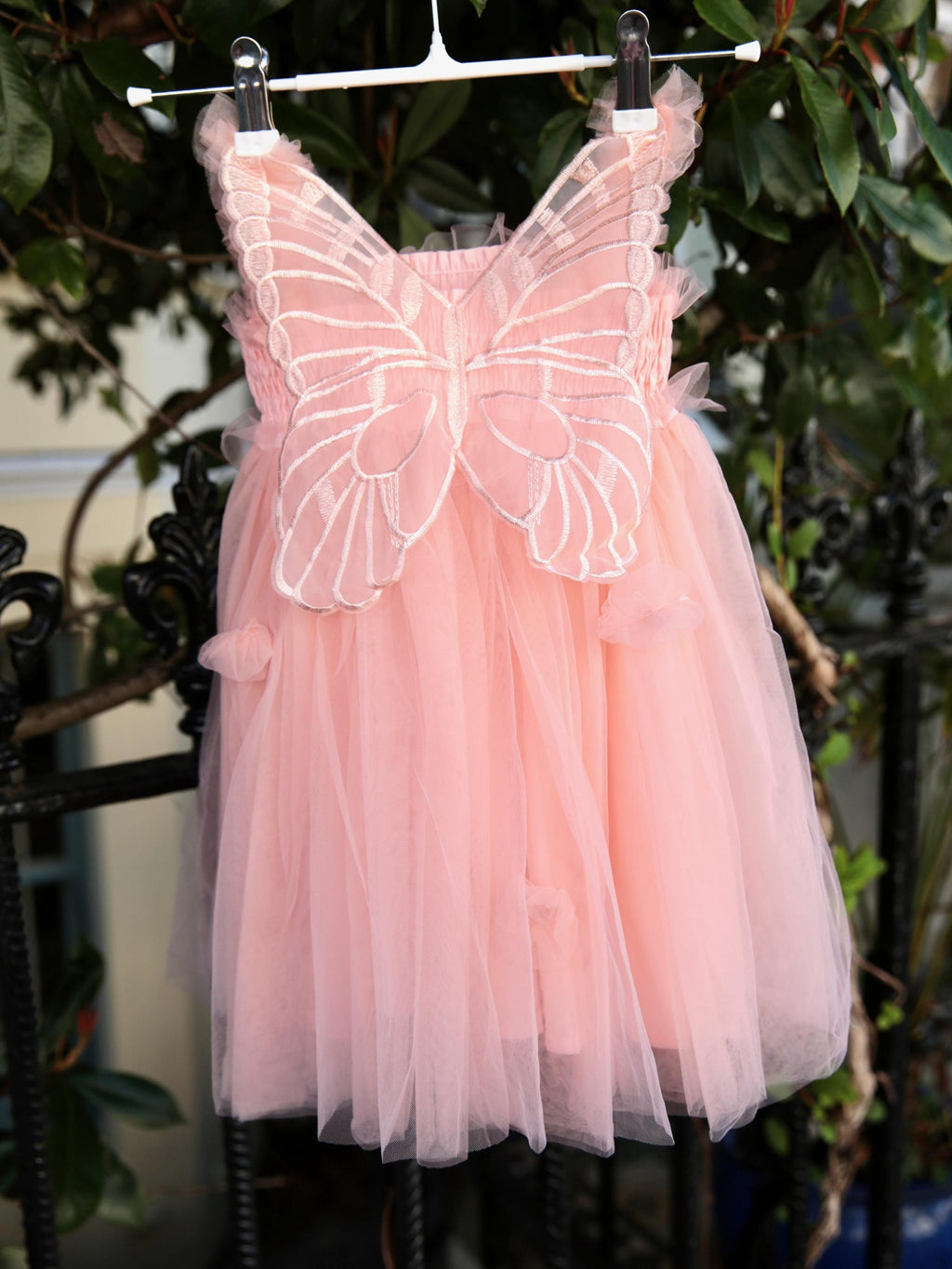 Girls Pink fairy wing dress. Beautiful Pastel Pink Tulle Dress with Butterfly wings on the back, party dress, bridesmaid dress, flower girl dress