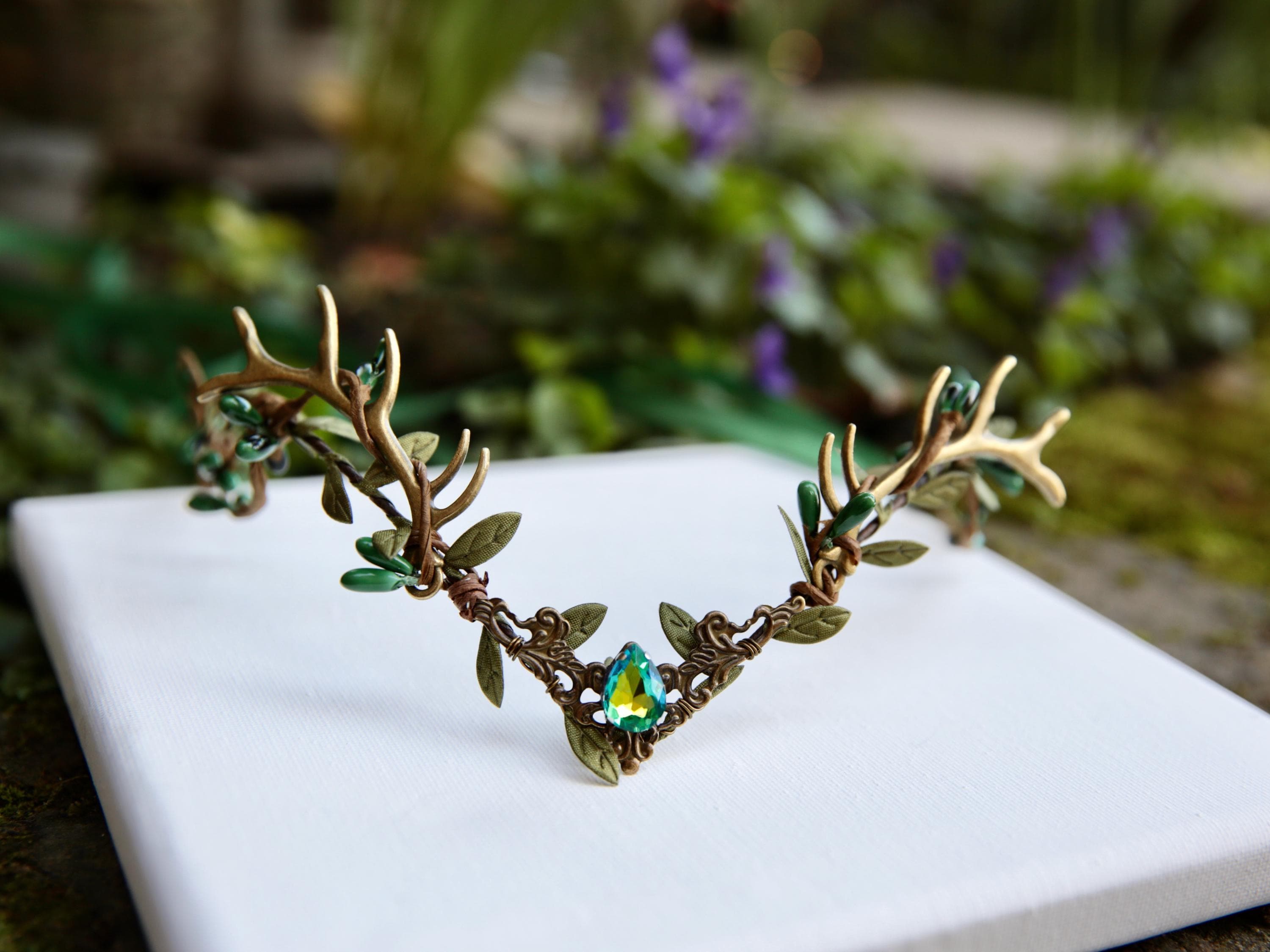 Deer antler crown, green crystal hairband, forest theme, elven circlet, druids crown, witch crown, celestial tiara, fairy head dress