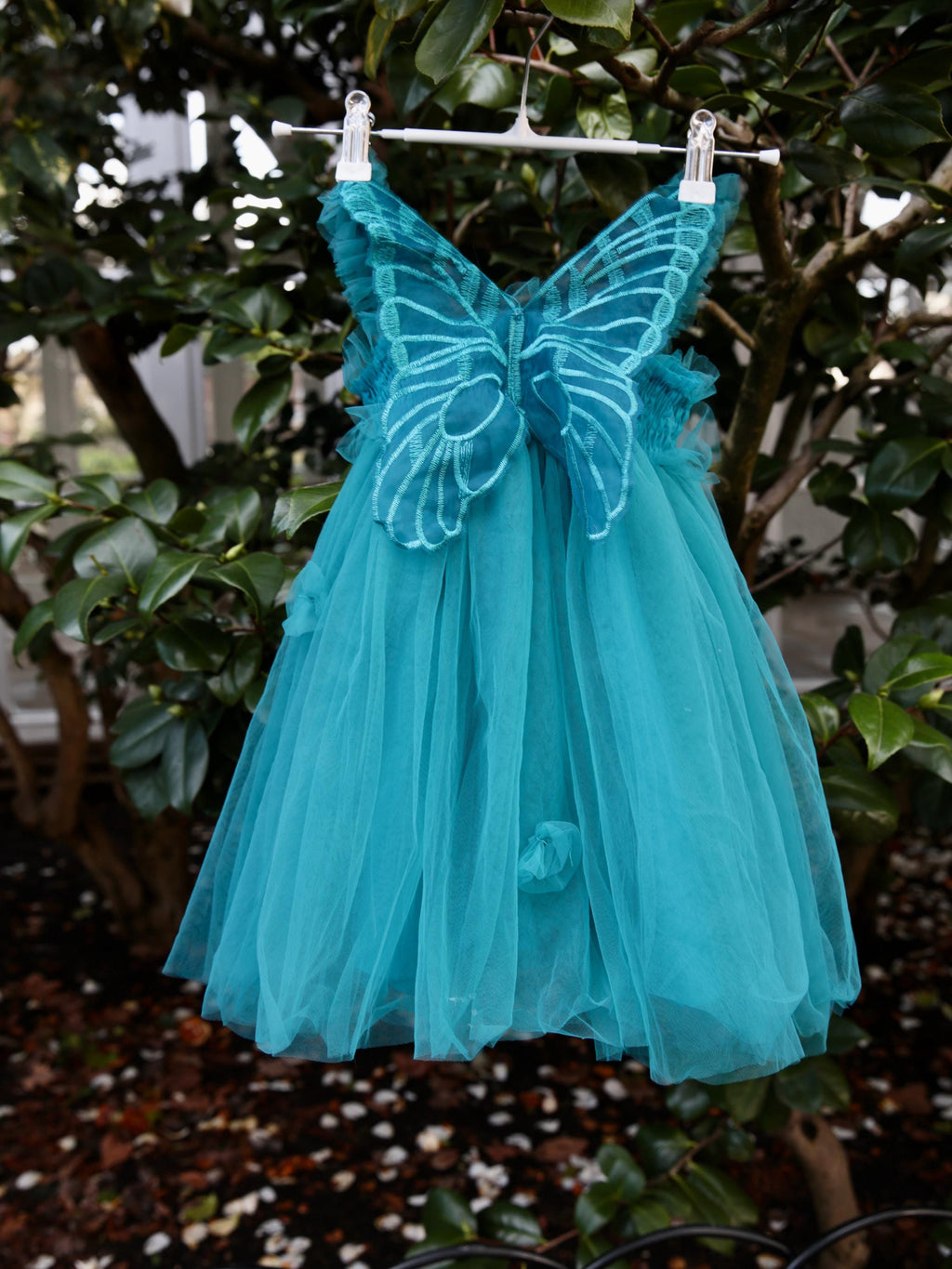 Teal Fairy Wing dress  in Teal Tulle. Butterfly wings on the back, party dress, flower girl dress. Birthday photoshoot. Wild Daisy