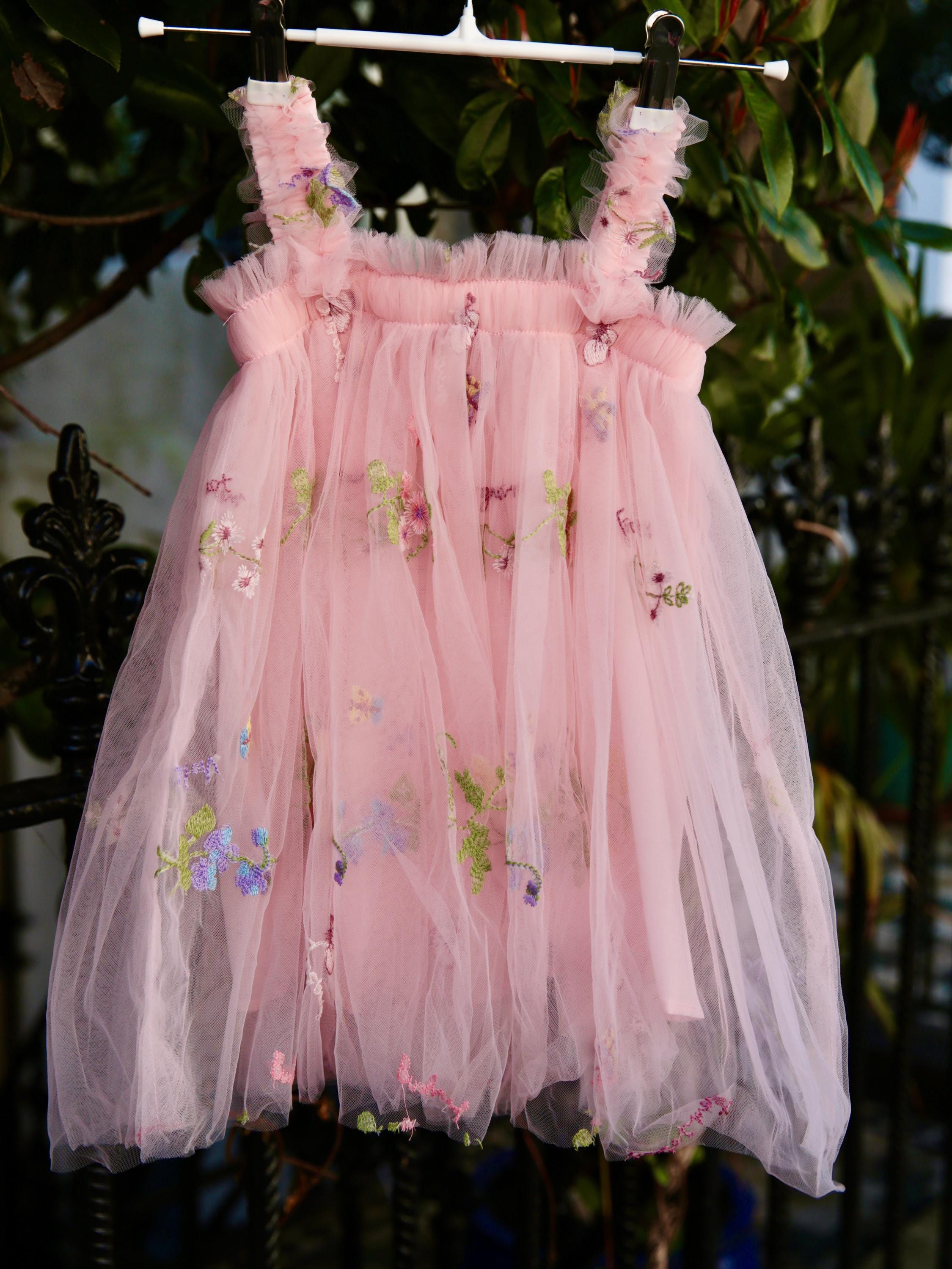 Pink embroidered girls dress, party dress, embroidered bridesmaid dress, lace flower girl dress, birthday party dress, cake smash