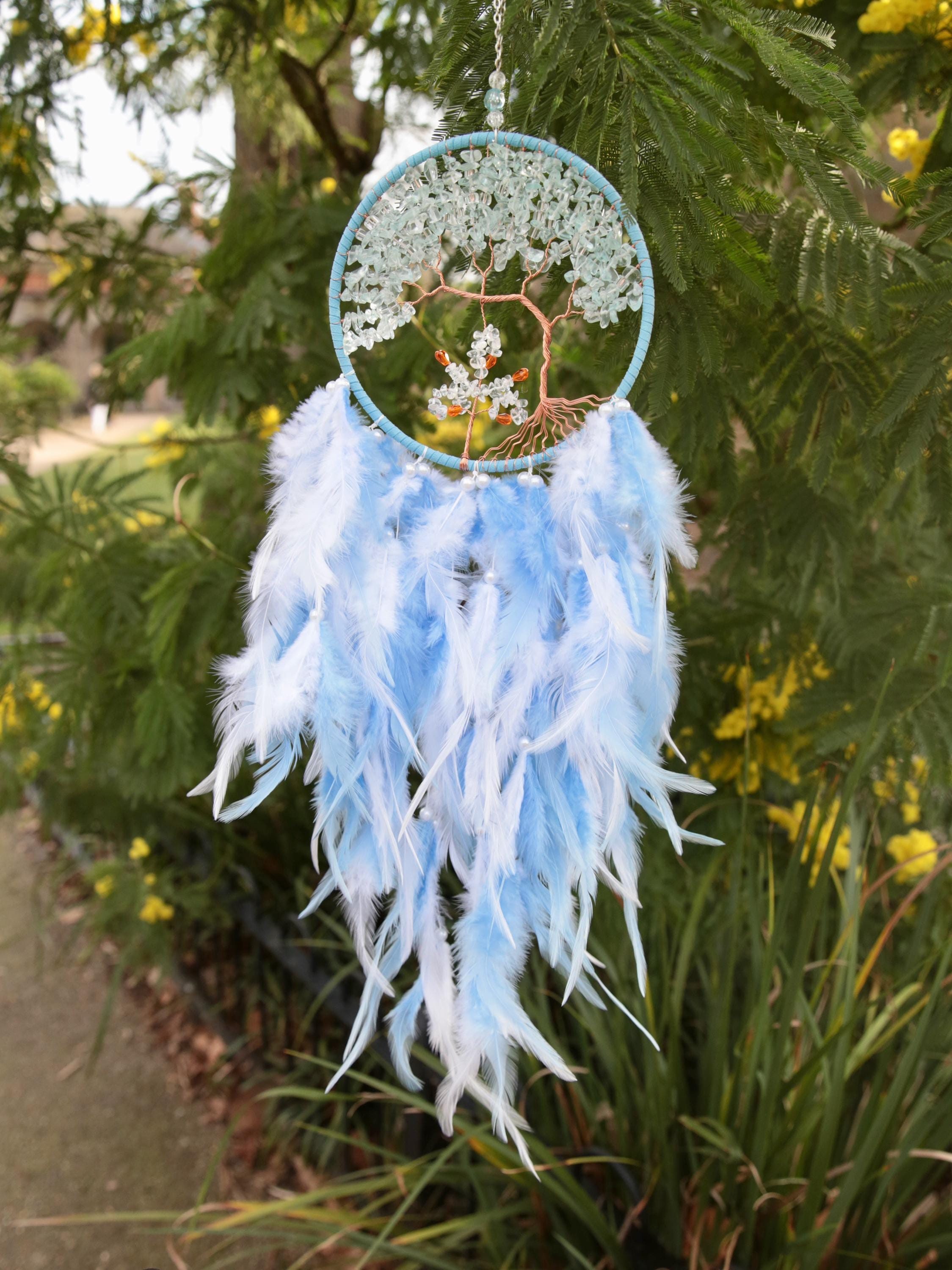 Dreamcatcher beautiful Sky Blue and Clear Quartz Tree of Life Handmade Crystal Dreamcatcher, Boho Wall Decor, babies nursery.