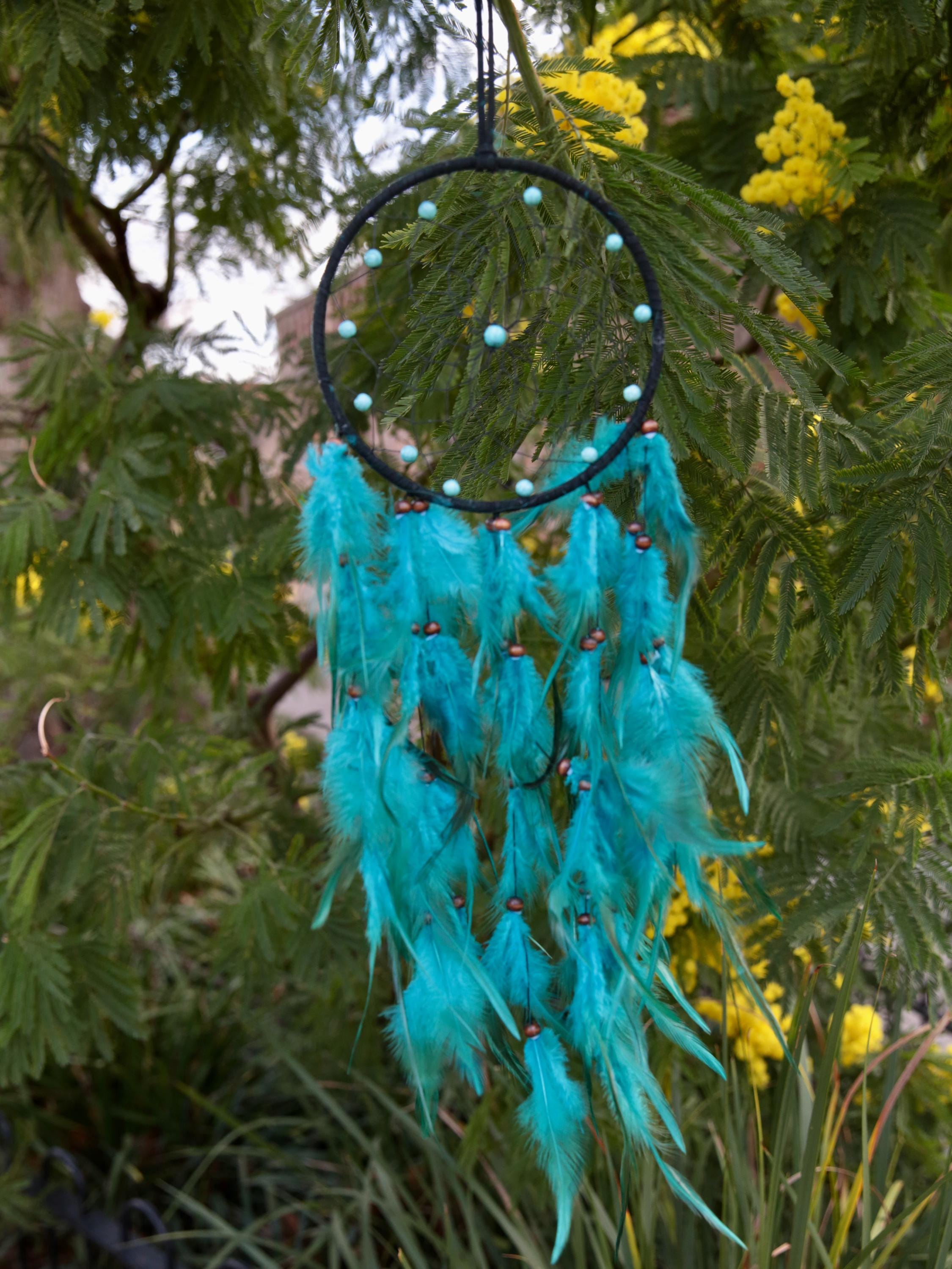 Dream Catcher with interwoven turquoise crystals, and hanging fluffy turquoise feathers. Birthday gift, welcome to new home present.