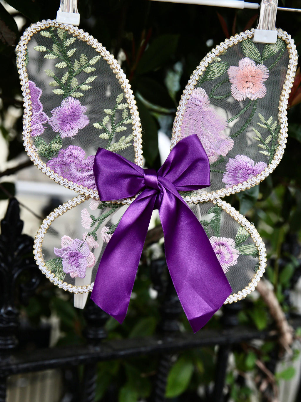 Purple Embroidered Fairy wings for babies and Children. Tulle fabric with handcrafted embroidered purple and pink flower design. Cake smash, birthday photo shoot.