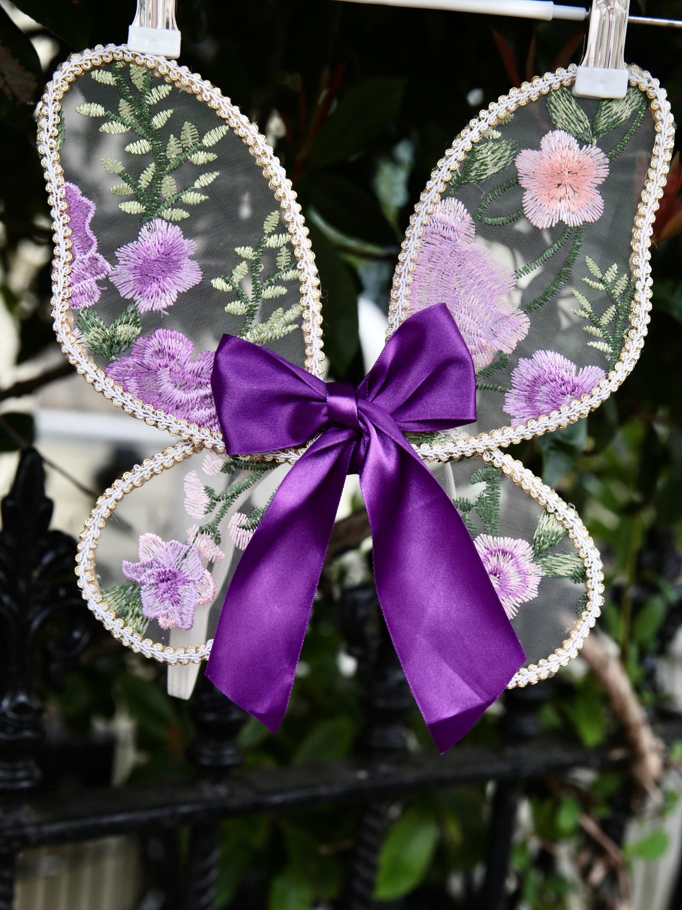 Purple Embroidered Fairy wings for babies and Children. Tulle fabric with handcrafted embroidered purple and pink flower design. Cake smash, birthday photo shoot.