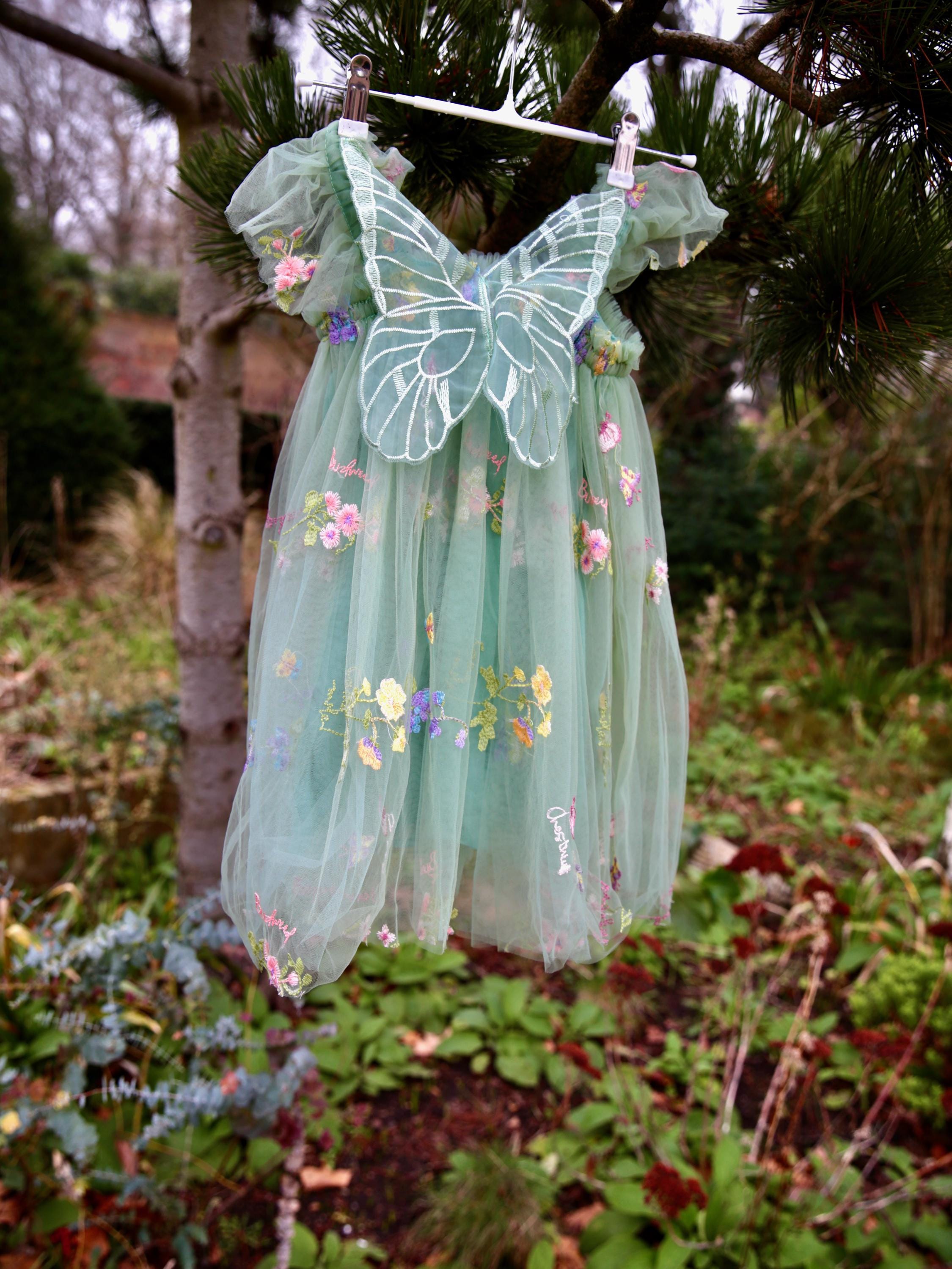 Girls Embroidered Tulle Light Sage Green Dress with wings. Beautiful Green Tulle Dress. Bridesmaid dress, flower girl dress, party dress.