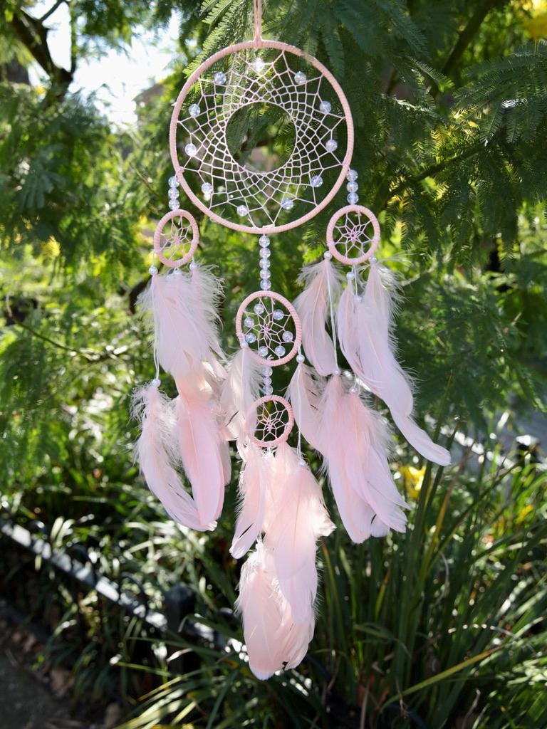 Dreamcatcher Large Feather Pink Dream Catcher made up of 5 circles, Beautiful birthday gift, Quartz Dreamcatchers, New home