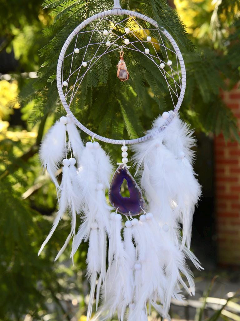 Dream Catcher, white, featuring hanging amethyst crystal  hand woven Dream catcher, Room decor, birthday gift, home decoration