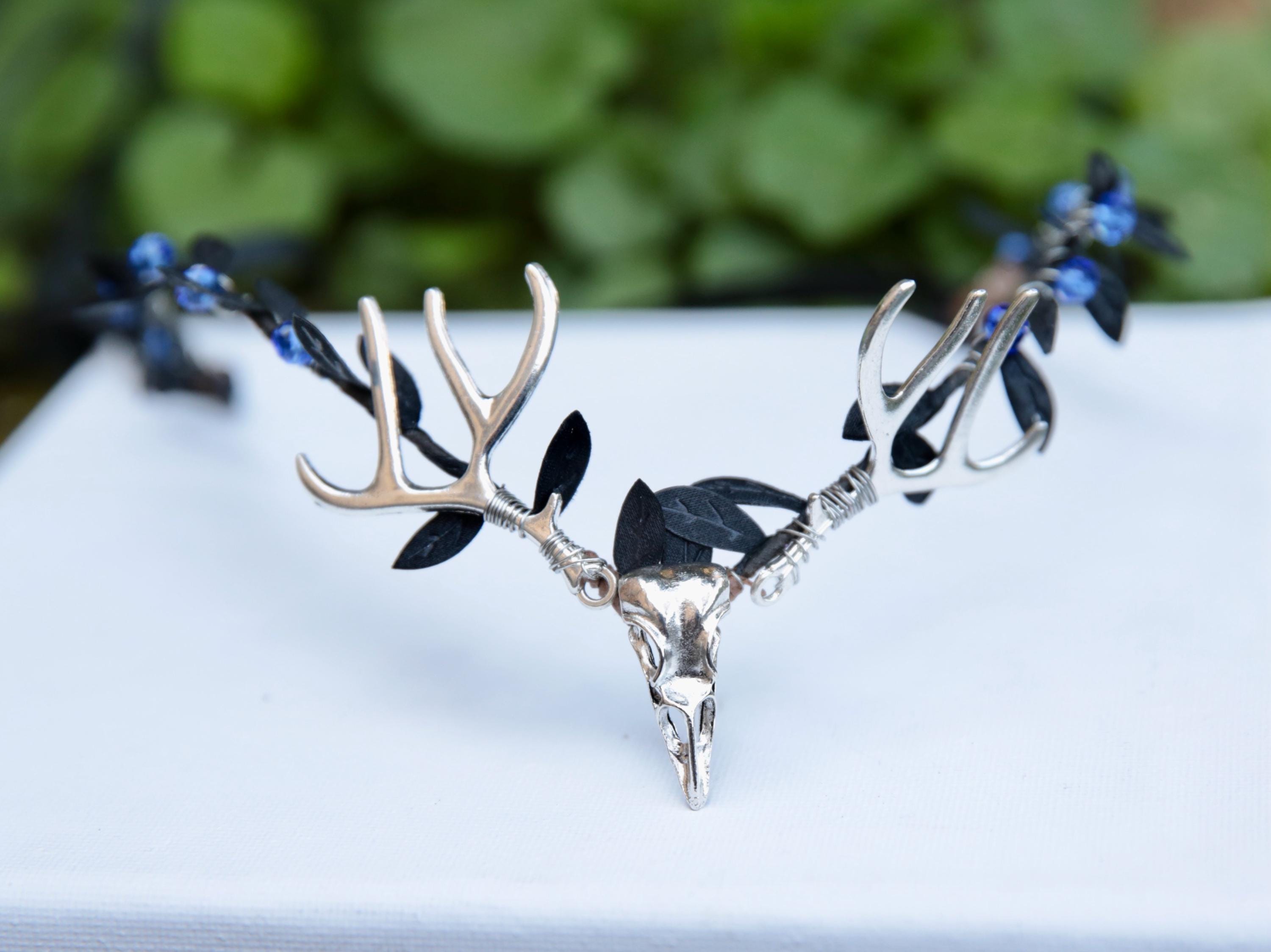 Elven Crown, silver deer head and antlers, blue crystal beads with intertwined leaves.  Woodland party, fairy headdress.