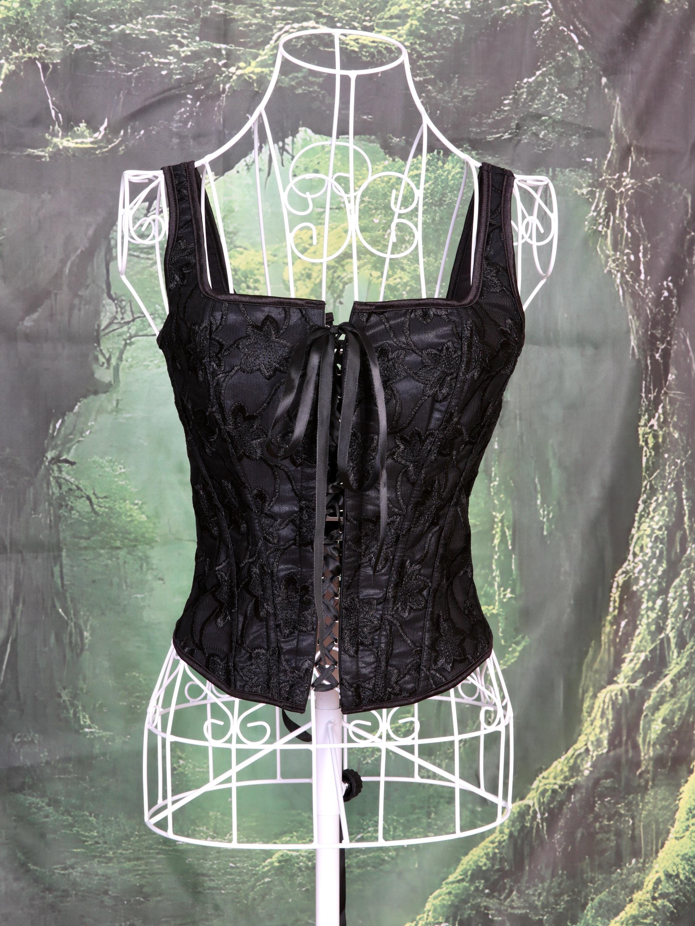 Overbust Corset. Black Floral Embroidery Square Neck Tie Front and back Boned Corset, Renaissance Corset  Fair, Music Festival