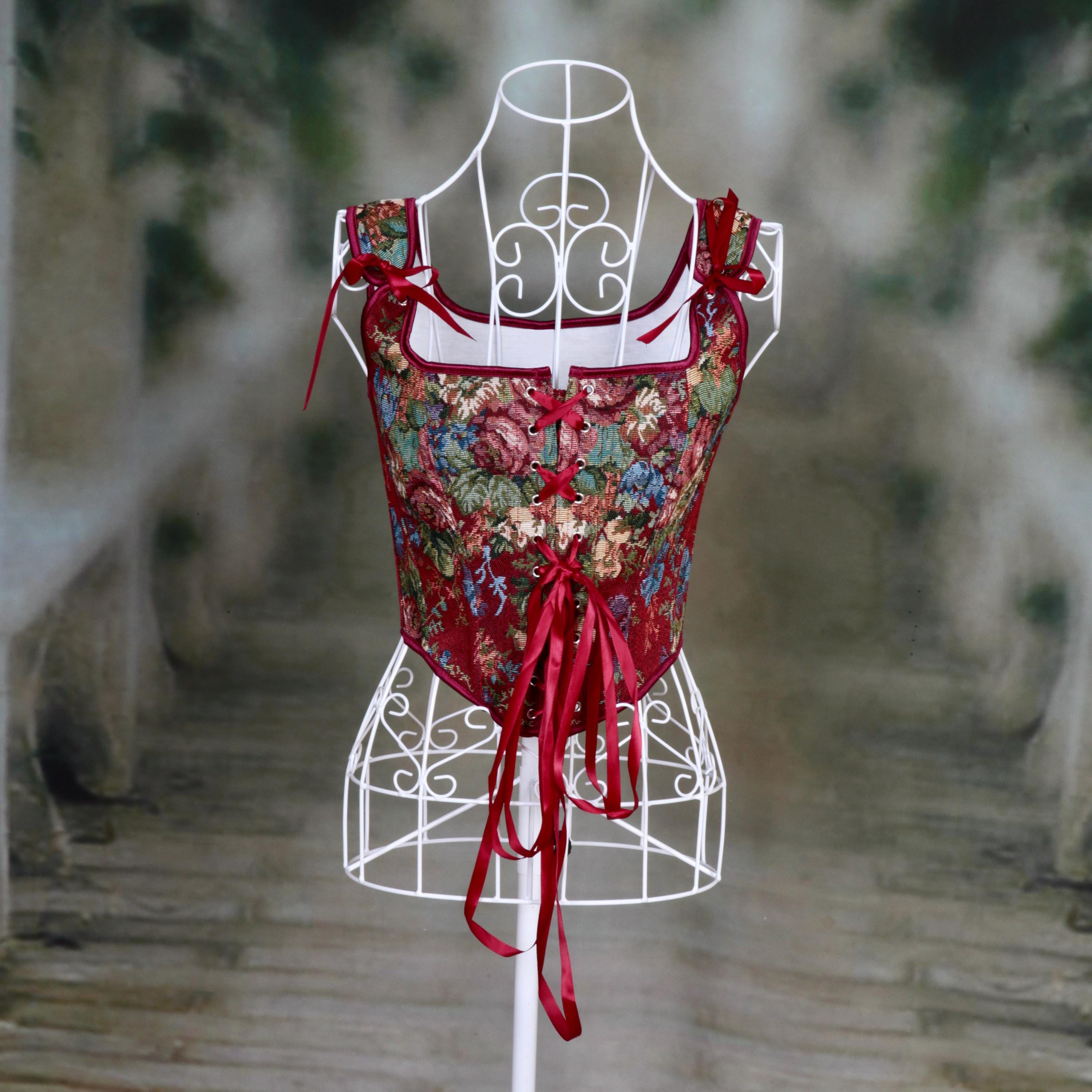 Overbust Corset. Beautiful Red Floral Square Neck. Lace tie-up Front Boned Corset, Renaissance Fair Corset, Fairy wings, Steampunk.