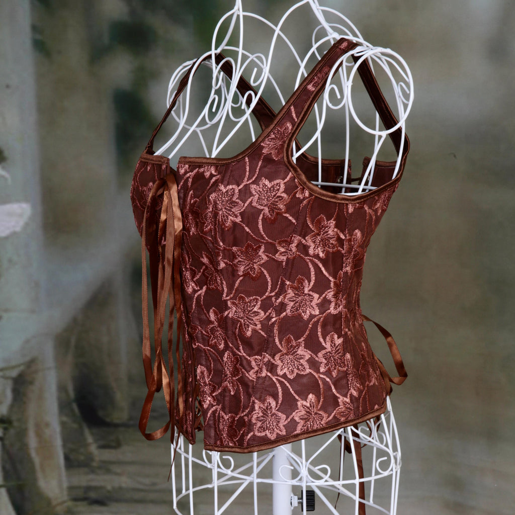 Overbust Corset. Beautiful Chocolate Brown Floral Print Square Neck Boned Corset. Lace tie-up front and back, Renaissance Corset  Fair, Steampunk.