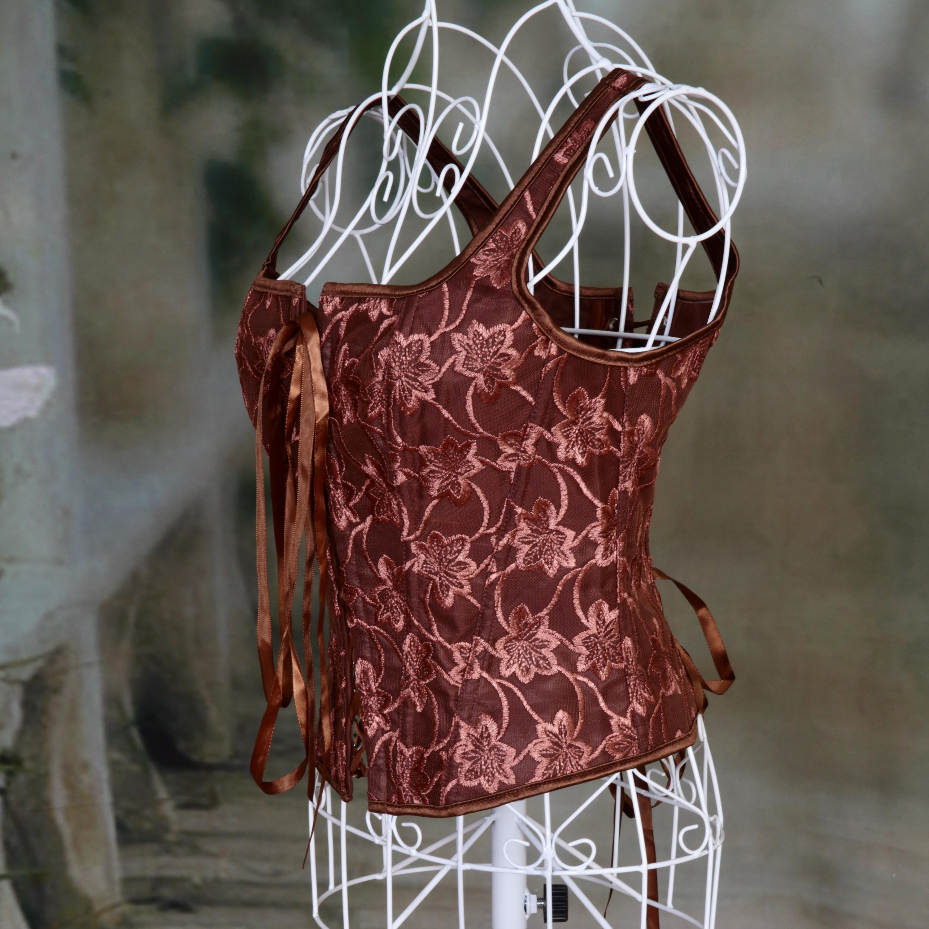 Overbust Corset. Beautiful Brown Floral Print Square Neck Boned Corset. Lace tie-up front and back, Renaissance Corset  Fair, Steampunk.
