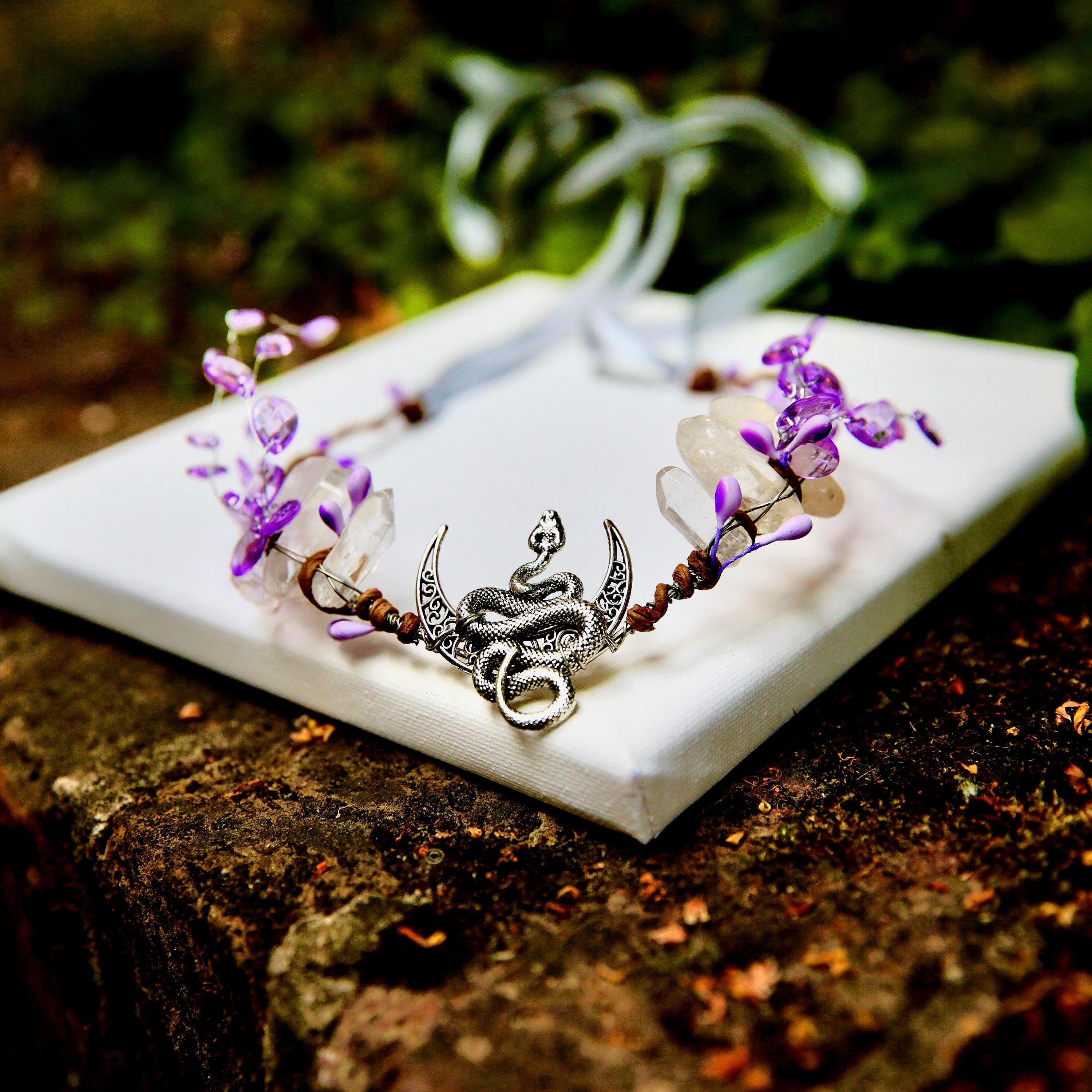 Snake crown, crystal  quartz and purple tiara forest theme, elven circlet, druids crown, witch crown, pagan tiara, fairy head dress