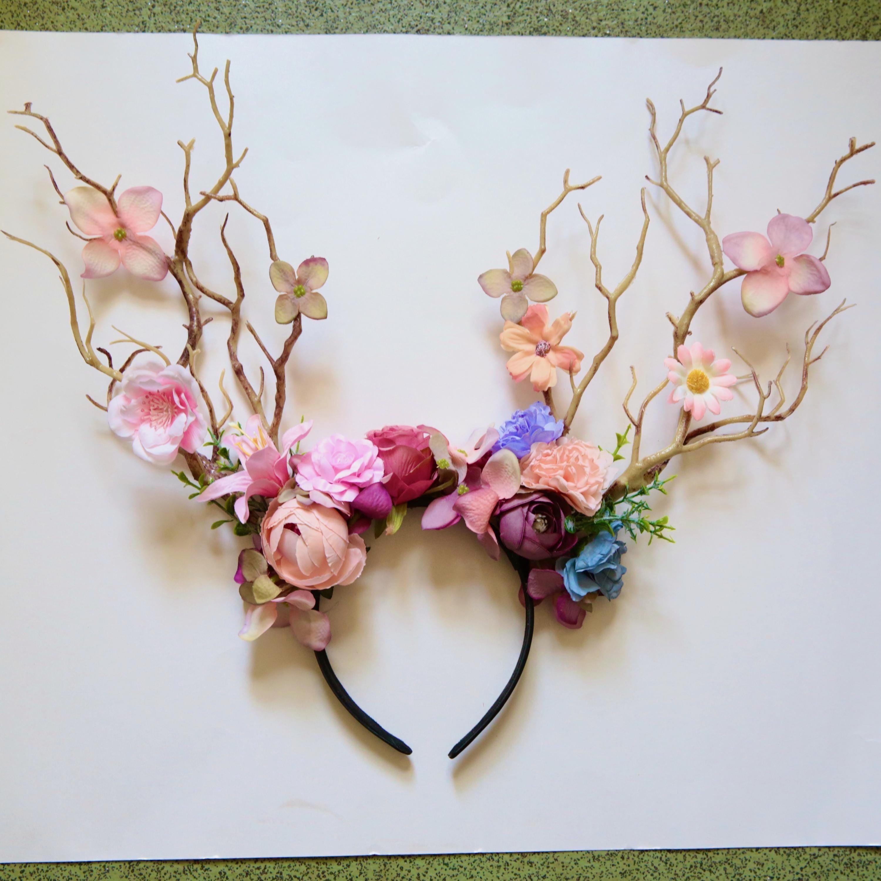 Custom made flower deer antler headdress. Beautiful  Fairy Crown, Woodland Tiara, Forest Nymph Crown. Romantic Bride, festival accessory.