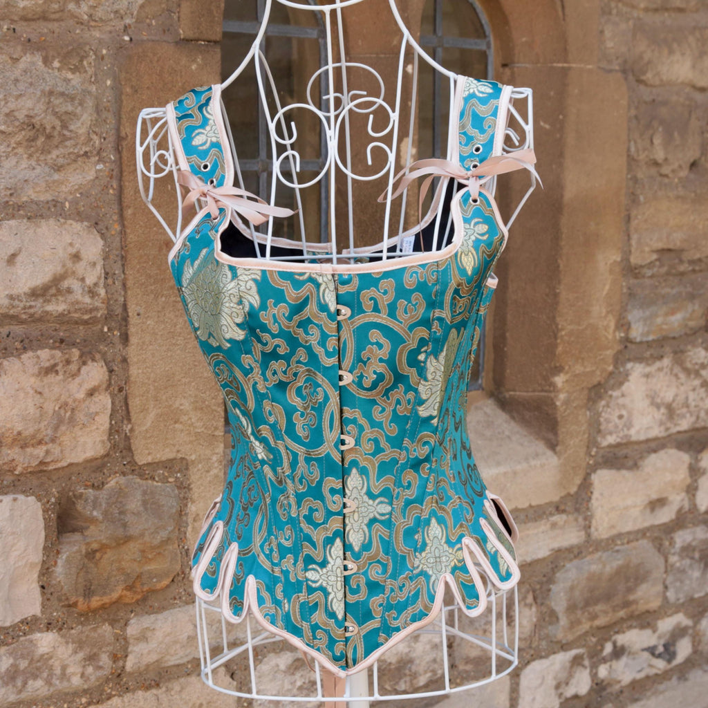 Overbust Corset. Beautiful Turquoise Blue and Gold  Square Neck Corset. Lace tie-up back Boned Corset, Renaissance Corset  Fair, Steampunk.