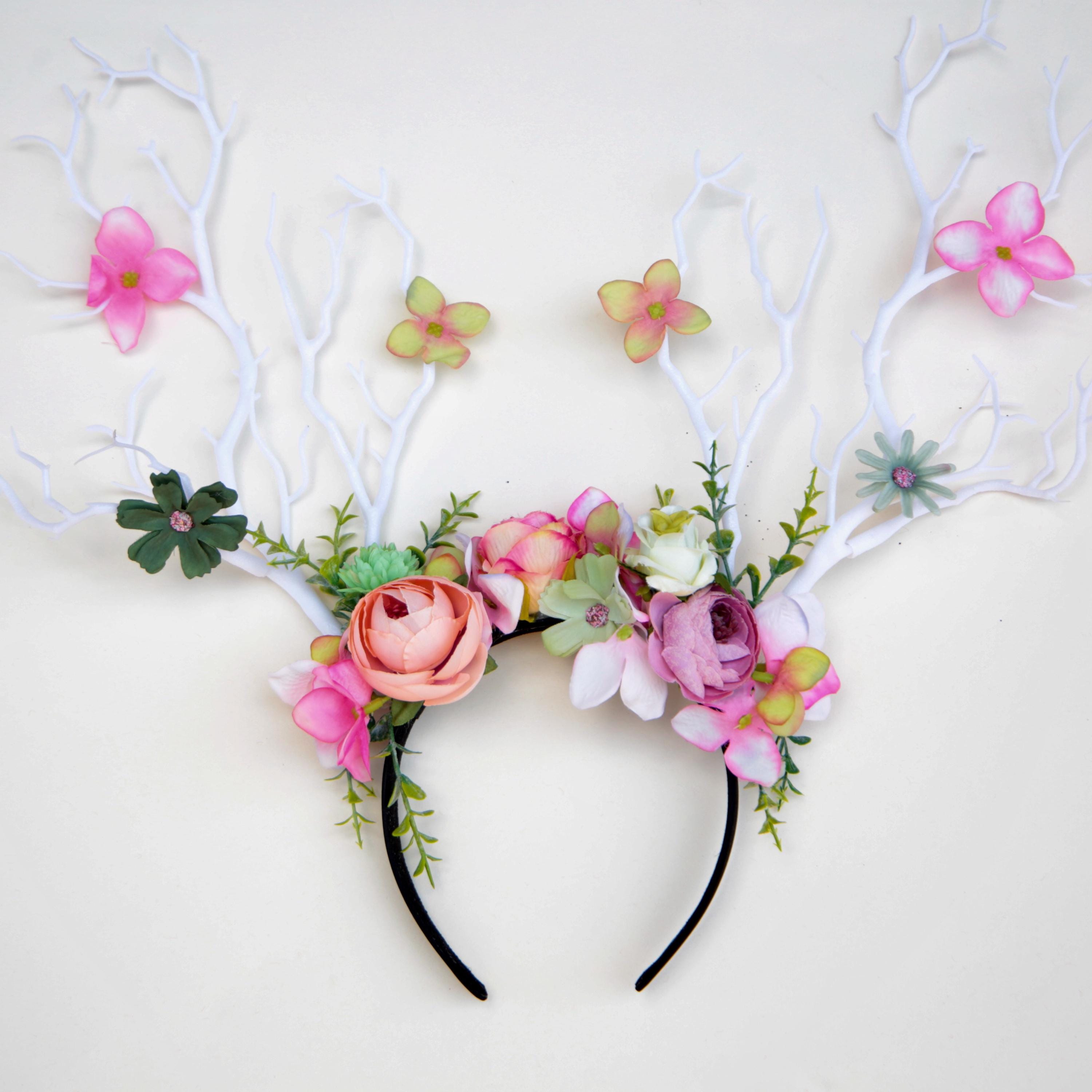 Custom made flower deer white antler headdress. Beautiful Flower Fairy Crown, Woodland Tiara, Forest Crown, festival accessory.
