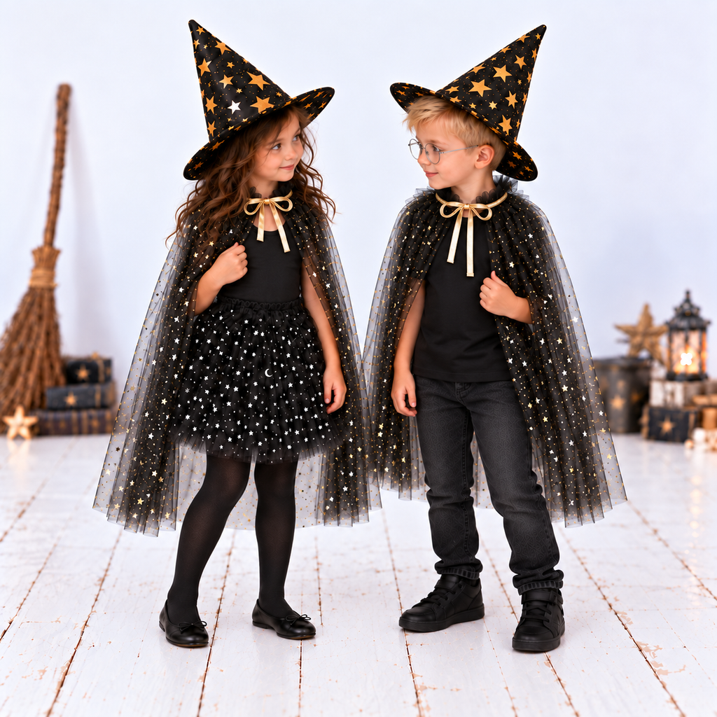 Boys and Girl’s Starry Witch and Wizard Costume Set | Black Tulle Tutu & Gold Star Cloak