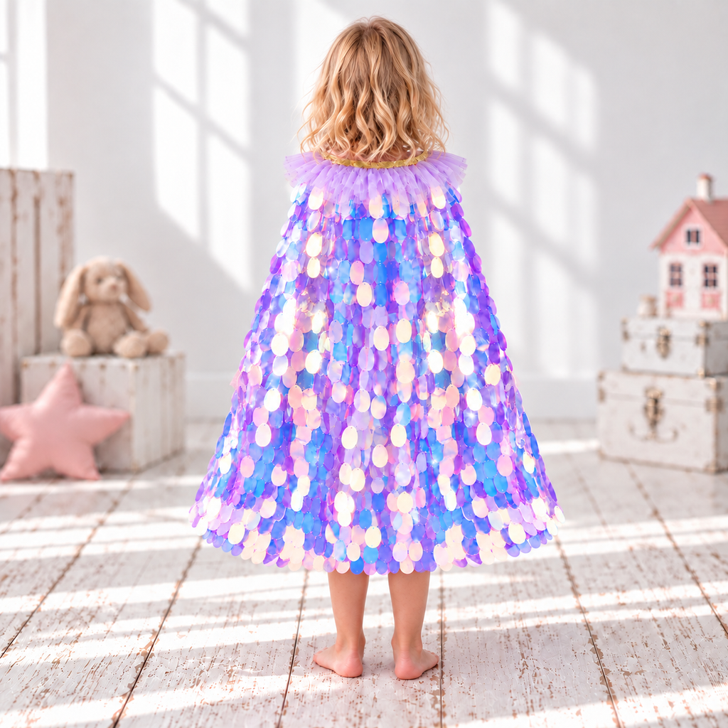 Girls’ Purple Sequin Cloak,  Fairy Cape with Optional Purple Wand & Pink Tutu