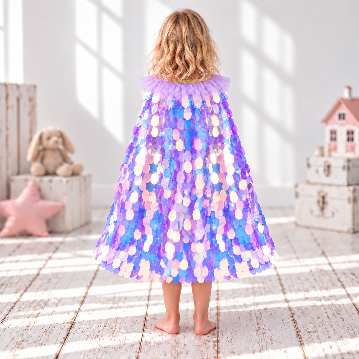 Girls’ Purple Sequin Cloak,  Fairy Cape with Optional Purple Wand & Pink Tutu