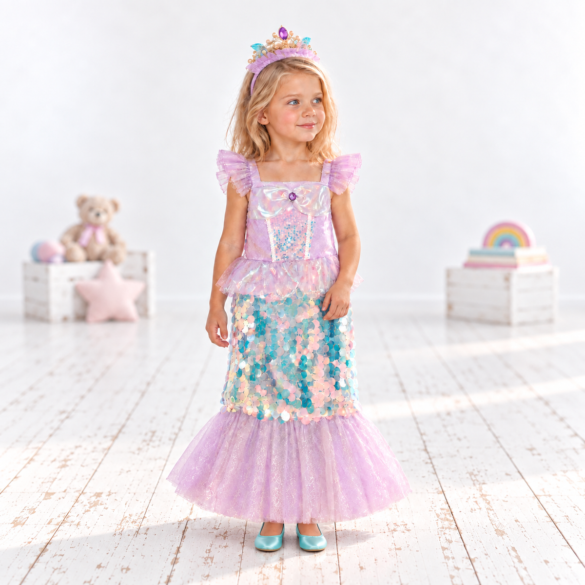 Girls mermaid costume dress in pastel lilac, aqua and pink, with flutter sleeves, an iridescent bodice and waist ruffle, large shimmering turquoise and pearlescent sequins covering the long skirt, and a wide lilac glitter tulle fishtail hem creating a classic mermaid tail shape.