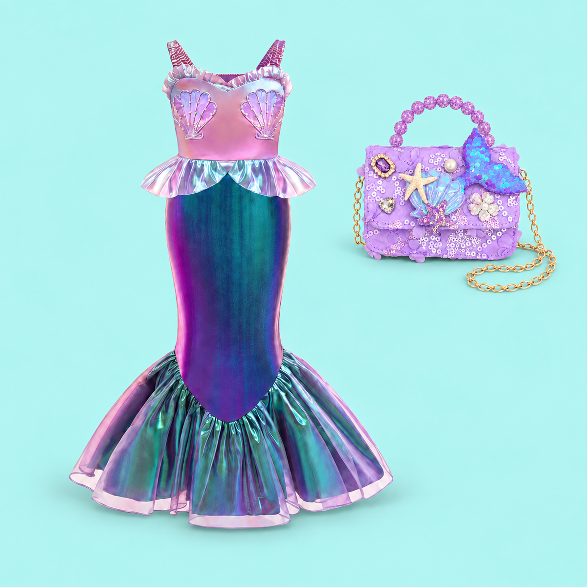 Girls’ Iridescent Mermaid Dress | Purple & Teal Costume with Optional Crown and Bag