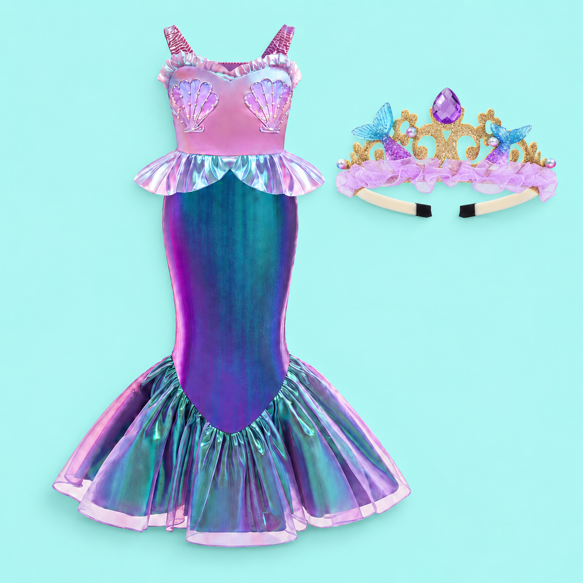 Girls’ Iridescent Mermaid Dress | Purple & Teal Costume with Optional Crown and Bag