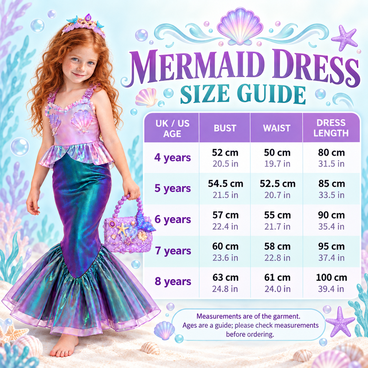 Girls’ Iridescent Mermaid Dress | Purple & Teal Costume with Optional Crown and Bag