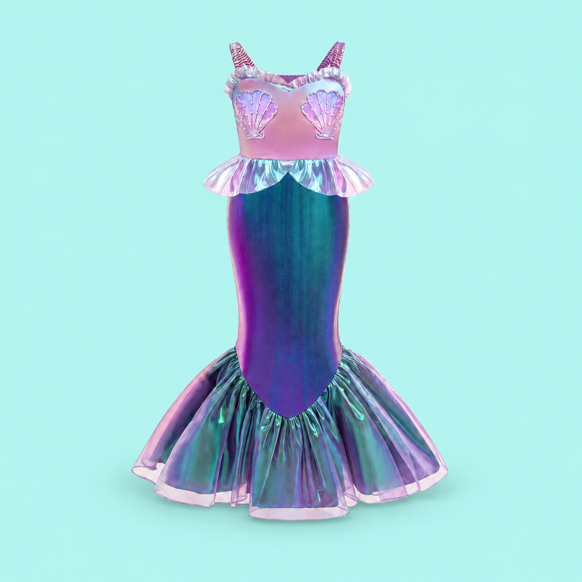 Girls’ Iridescent Mermaid Dress | Purple & Teal Costume with Optional Crown and Bag