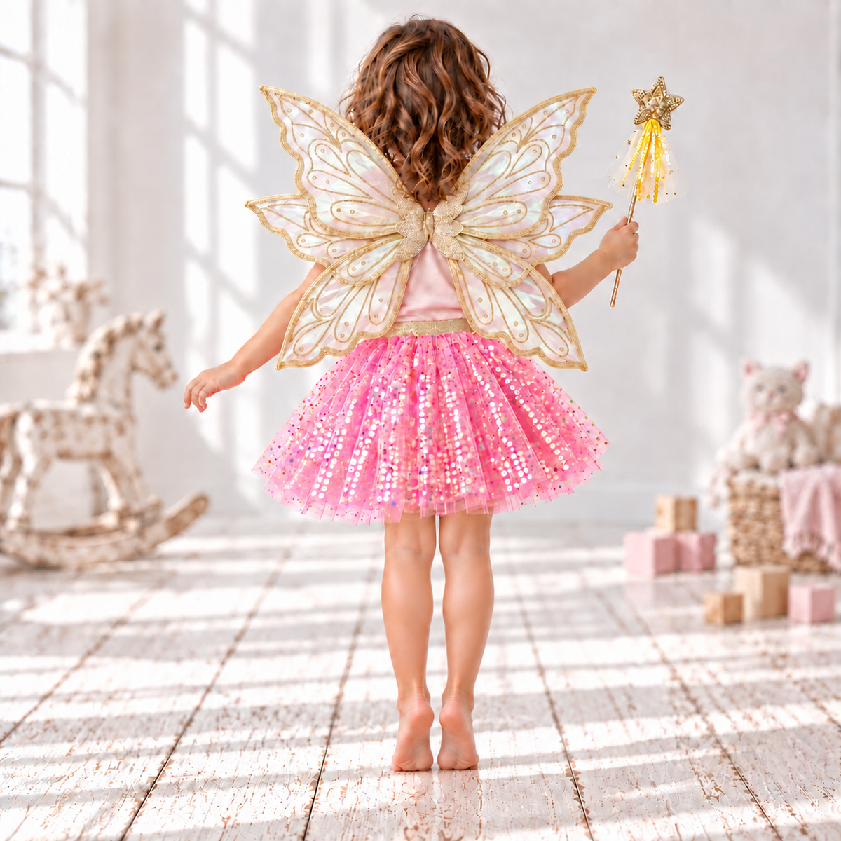 Golden Wishes Fairy Costume – Pink Sequin Skirt, Gold Wings & Wand | Ages 2–8
