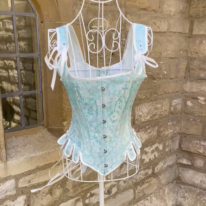 Overbust Corset. Beautiful Powder Blue and White  Square Neck Corset. Lace tie-up back Boned Corset, Renaissance Corset  Fair, Steampunk.