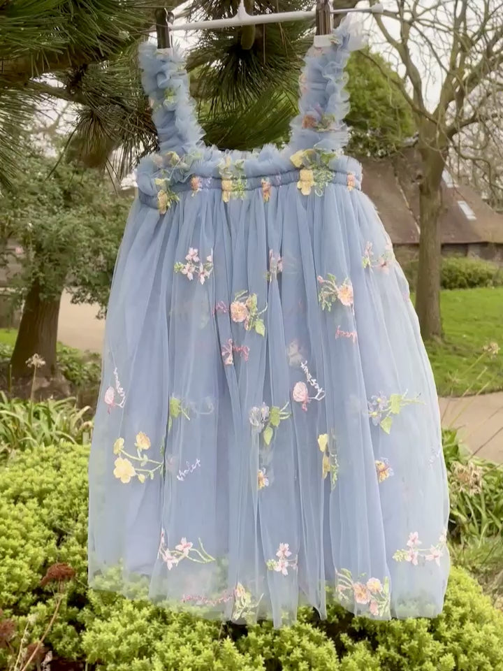 Petrol Blue Girls embroidered dress. Tulle dress, embroidered with flowers. Flower girl dress, cake smash, birthday dress