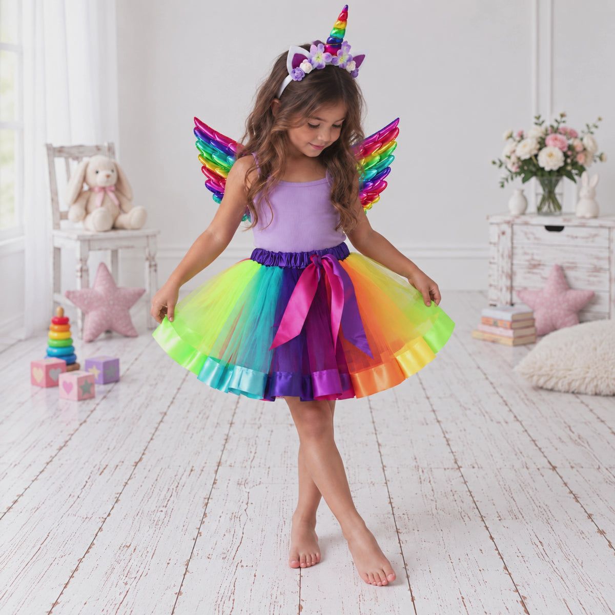 Rainbow Unicorn Costume Set for Girls | Metallic Wings, Colourful Tutu & Floral Horn Headband