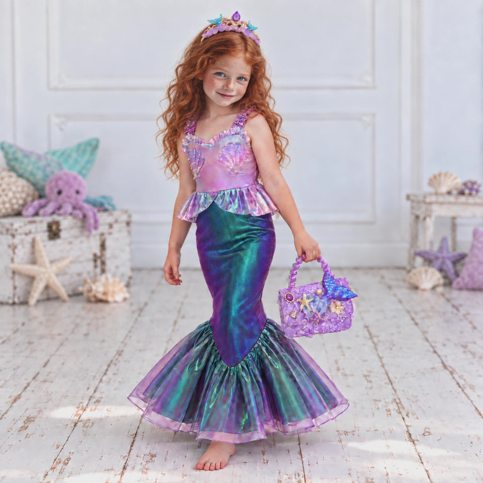 Girls’ Iridescent Mermaid Dress | Purple & Teal Costume with Optional Crown and Bag