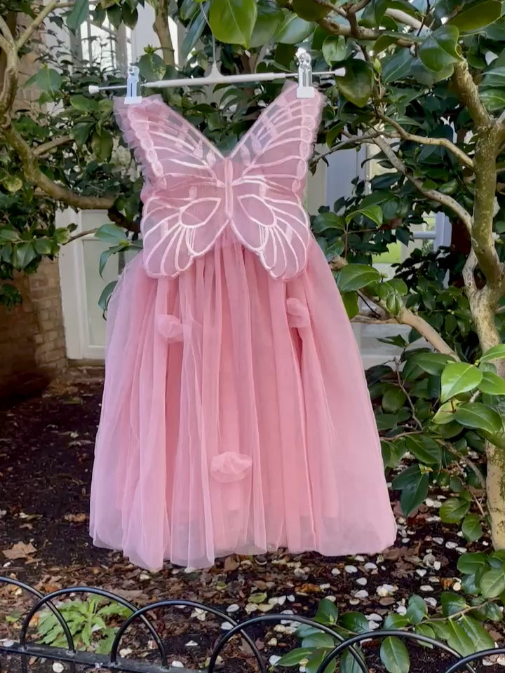 Fairy wing dusky pink dress. Dusky Pink Tulle Dress with Butterfly wings on the back, party dress, bridesmaid dress, flower girl, cake smash dress