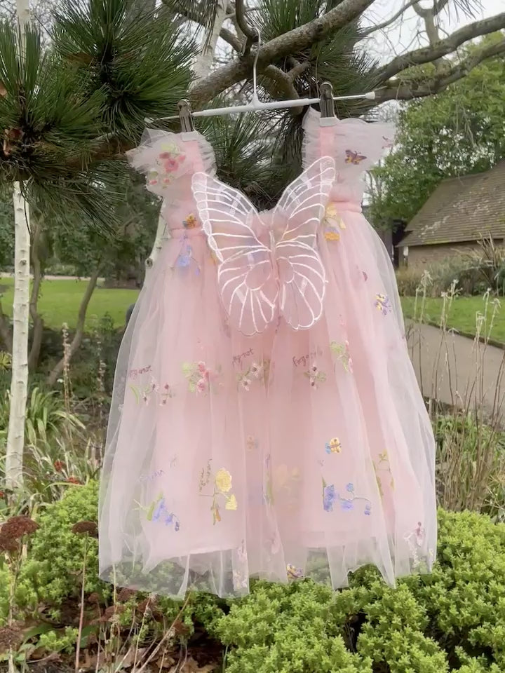 Fairy wings dress. Beautiful pink tulle dress with butterfly wings, party dress, bridesmaid dress, flower girl dress. Cake smash outfit