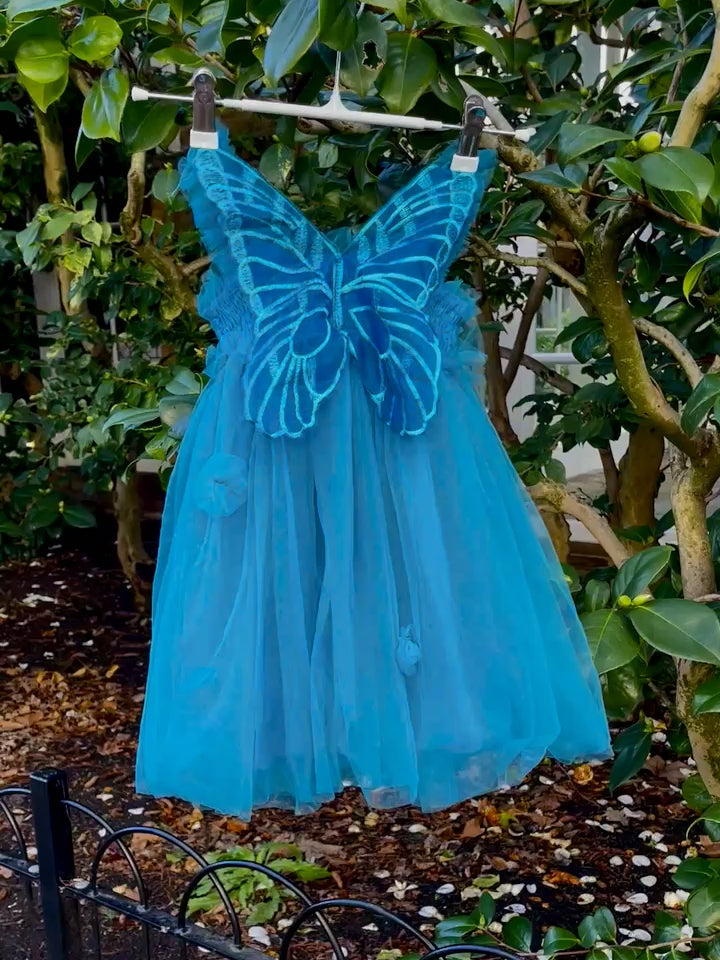 Teal Fairy Wing dress  in Teal Tulle. Butterfly wings on the back, party dress, flower girl dress. Birthday photoshoot. Wild Daisy