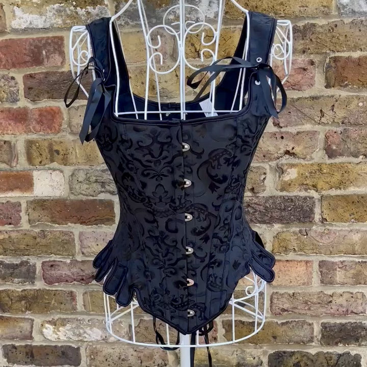 Overbust Corset. Beautiful Black Jacquard Square Neck. Lace tie-up back Boned Corset, Renaissance Corset  Fair, Steampunk.