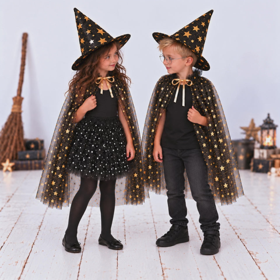 Boys and Girl’s Starry Witch and Wizard Costume Set | Black Tulle Tutu & Gold Star Cloak