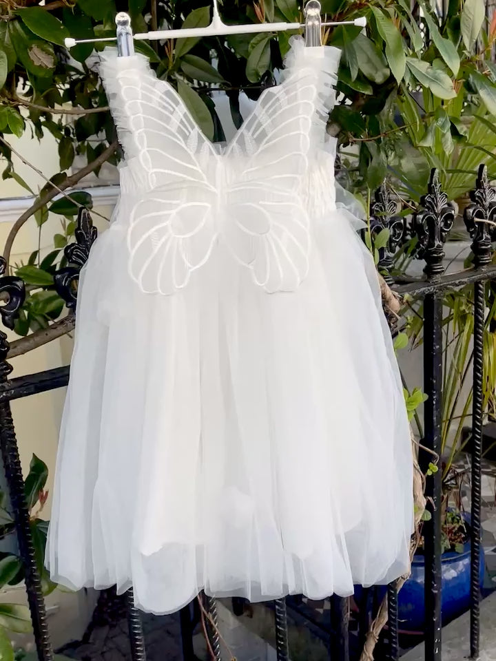 White Fairy wing girls dress. White Tulle Dress with Butterfly wings on the back, party dress, bridesmaid dress, flower girl dress.