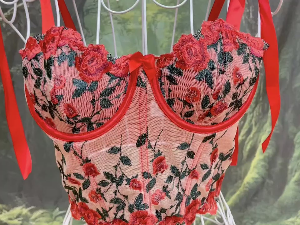 Floral Red Corset, fairy wings  and tutu. Hen party, fairy cosplay, fairy core, woodland party, fairy dress up