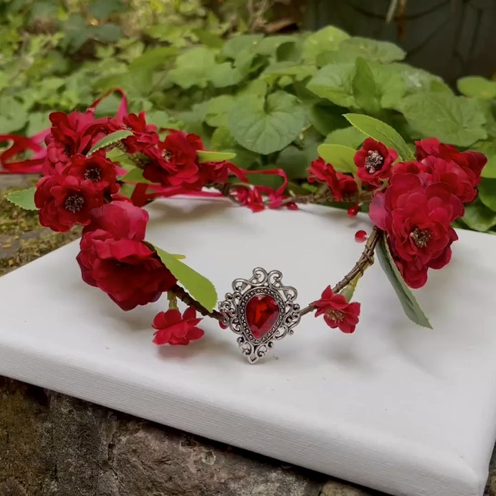 Fairy Crown, Elven Red Flowers Tiara with a Red crystal.